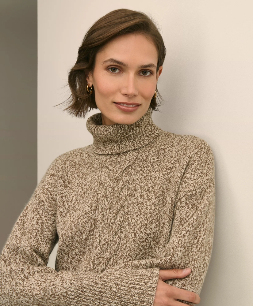 Merino Wool Blend Marled Cable-Knit Turtleneck Sweater, image 3