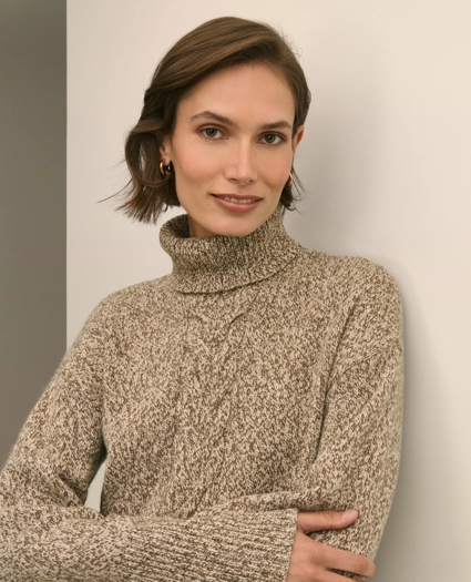 Merino Wool Blend Marled Cable-Knit Turtleneck Sweater, image 3