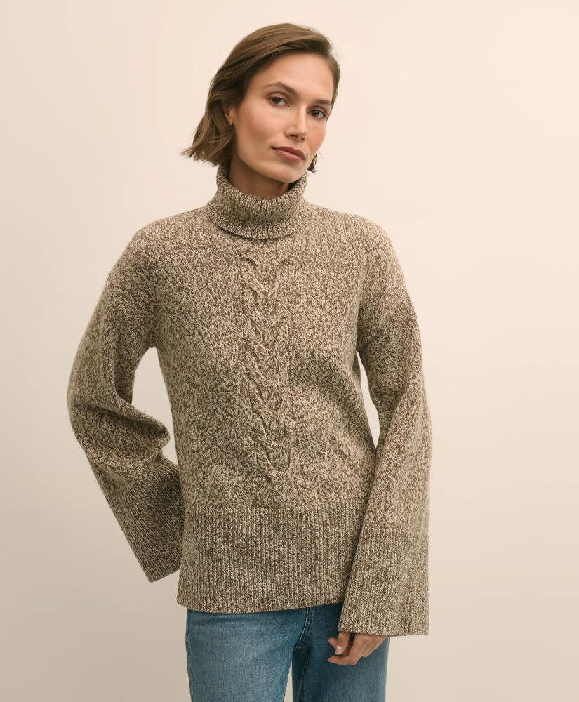 Merino Wool Blend Marled Cable-Knit Turtleneck Sweater, image 4