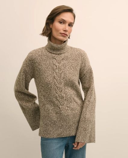 Merino Wool Blend Marled Cable-Knit Turtleneck Sweater, image 4