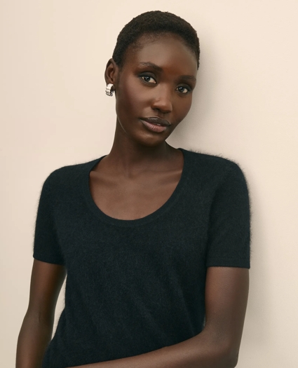 Wool-Cashmere Blend Brushed Short-Sleeve Sweater Shell, image 3
