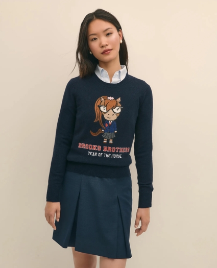 Women's Lunar New Year Merino-Wool-Blend Intarsia Crewneck Sweater, image 2