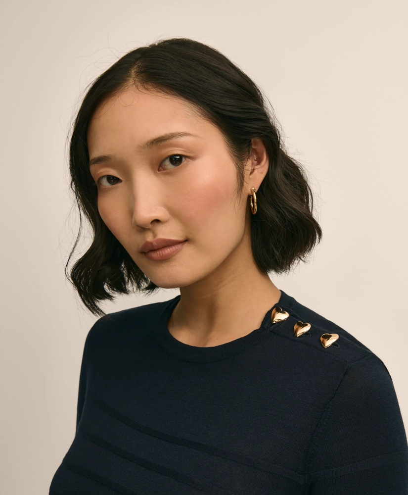 Silk-Viscose Shadow Stripe Heart Button Sweater, image 4