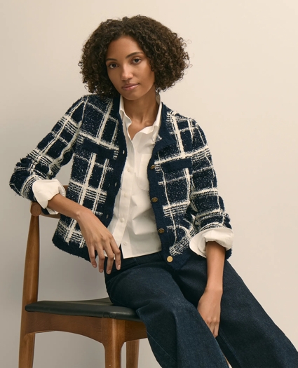 Cotton-Blend Soft Plaid Cardigan, image 1