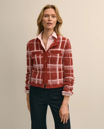 Cotton-Blend Soft Plaid Cardigan, image 1