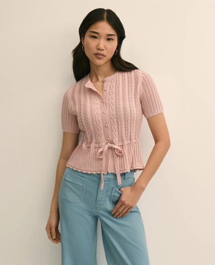 Short-Sleeve Pointelle Peplum Cardigan, image 1