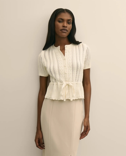 Short-Sleeve Pointelle Peplum Cardigan, image 1