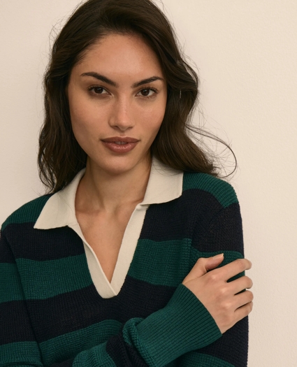 Merino Wool Striped Johnny Collar Sweater, image 3