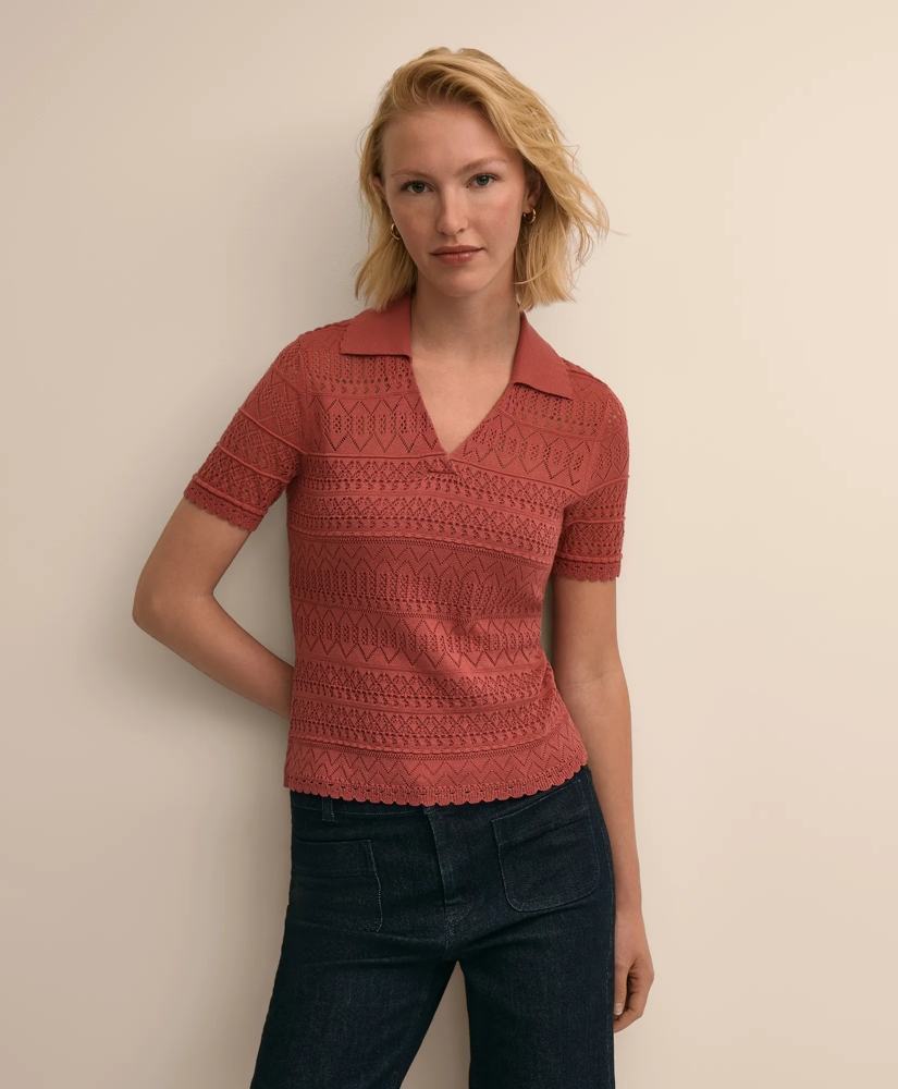 Silk-Cotton Short-Sleeve Johnny Collar Pointelle Sweater, image 1