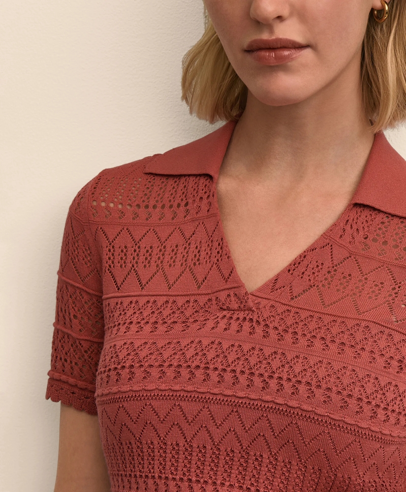 Silk-Cotton Short-Sleeve Johnny Collar Pointelle Sweater, image 3