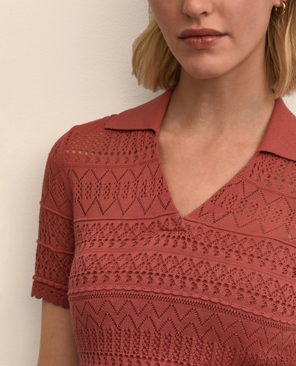 Silk-Cotton Short-Sleeve Johnny Collar Pointelle Sweater, image 3