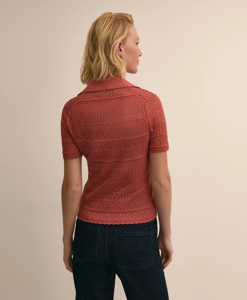 Silk-Cotton Short-Sleeve Johnny Collar Pointelle Sweater, image 4