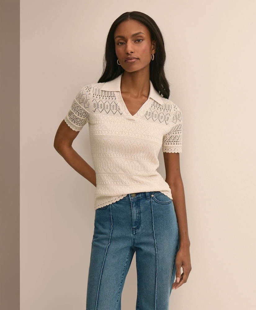 Silk-Cotton Short-Sleeve Johnny Collar Pointelle Sweater, image 1