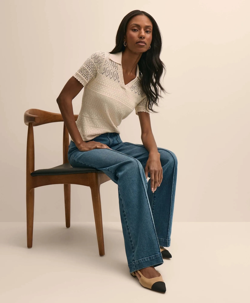 Silk-Cotton Short-Sleeve Johnny Collar Pointelle Sweater, image 2