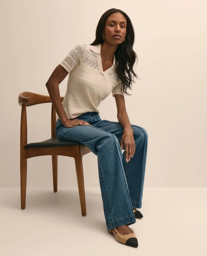 Silk-Cotton Short-Sleeve Johnny Collar Pointelle Sweater, image 2