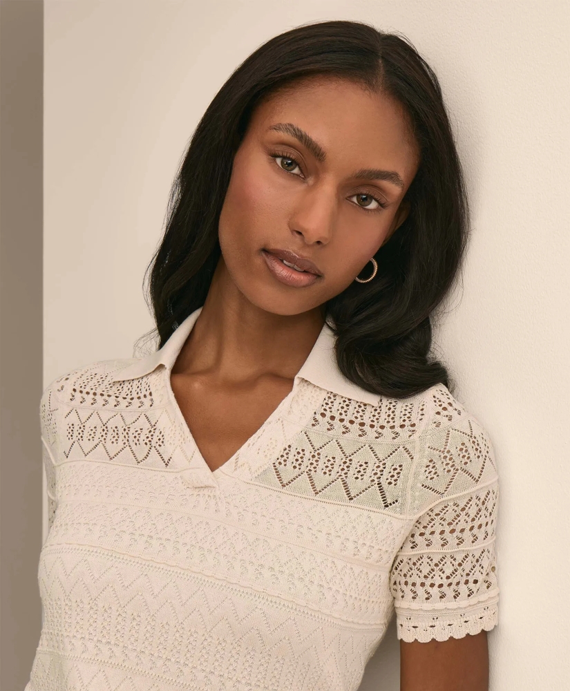 Silk-Cotton Short-Sleeve Johnny Collar Pointelle Sweater, image 3