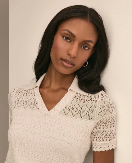 Silk-Cotton Short-Sleeve Johnny Collar Pointelle Sweater, image 3