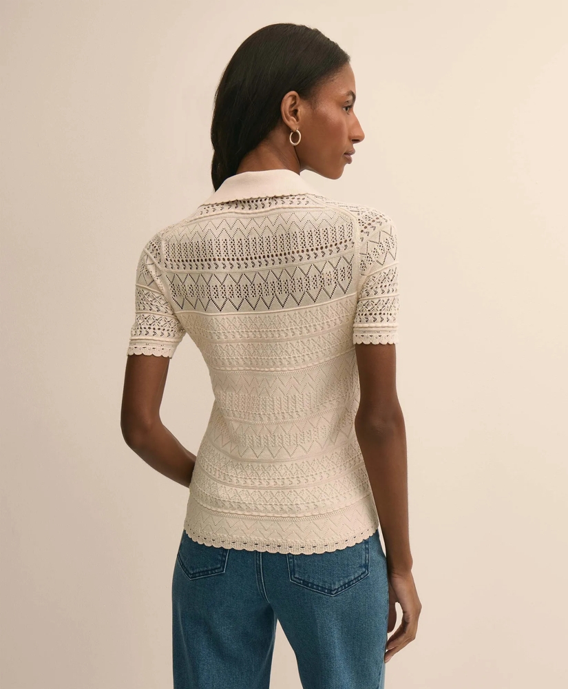 Silk-Cotton Short-Sleeve Johnny Collar Pointelle Sweater, image 4