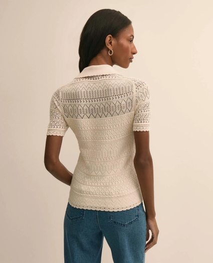 Silk-Cotton Short-Sleeve Johnny Collar Pointelle Sweater, image 4
