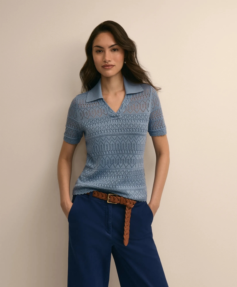 Silk-Cotton Short-Sleeve Johnny Collar Pointelle Sweater, image 1