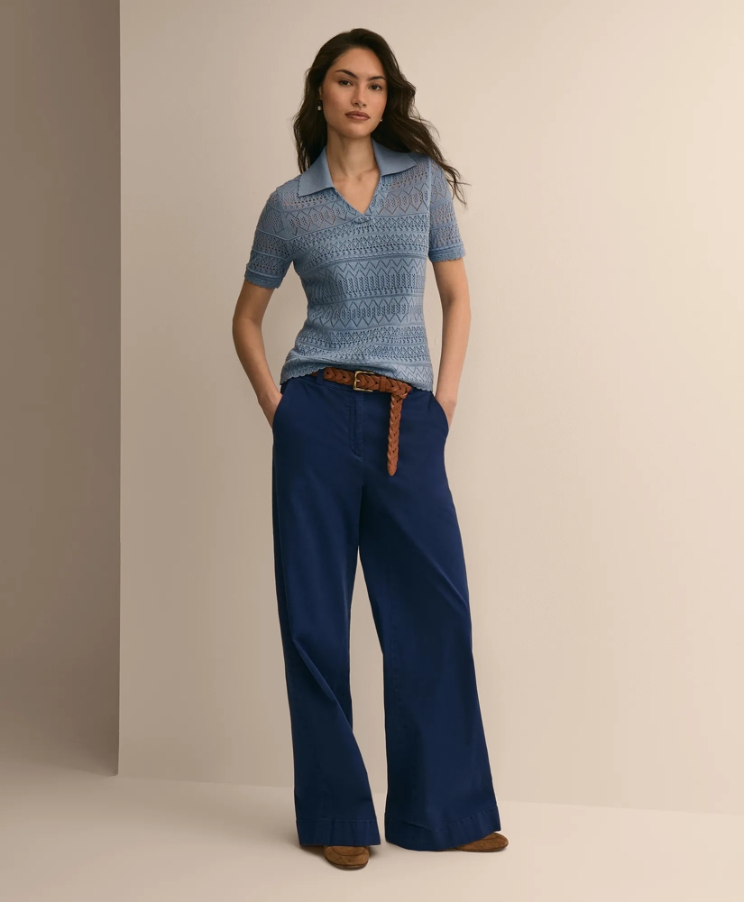 Silk-Cotton Short-Sleeve Johnny Collar Pointelle Sweater, image 2
