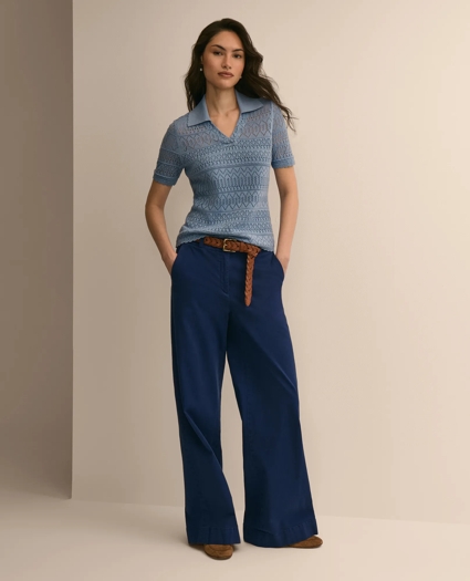 Silk-Cotton Short-Sleeve Johnny Collar Pointelle Sweater, image 2