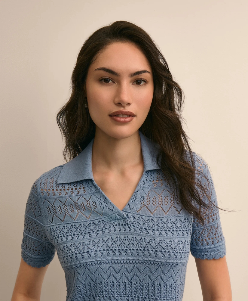 Silk-Cotton Short-Sleeve Johnny Collar Pointelle Sweater, image 3