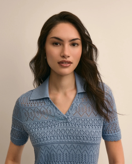 Silk-Cotton Short-Sleeve Johnny Collar Pointelle Sweater, image 3
