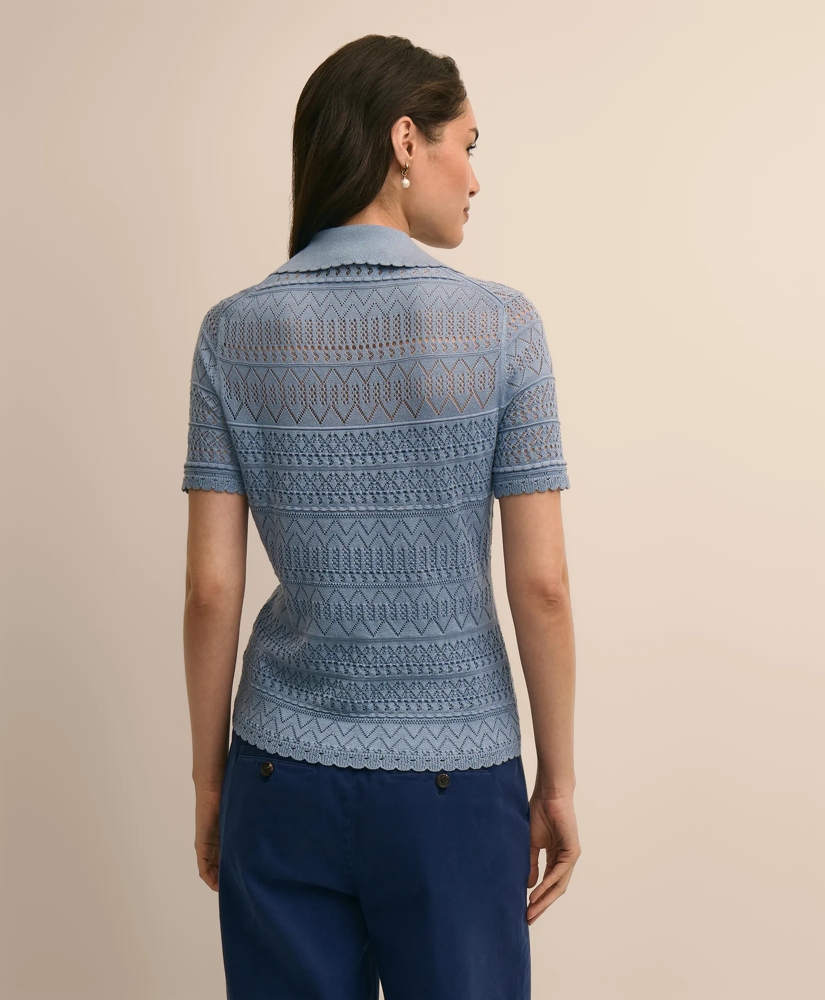 Silk-Cotton Short-Sleeve Johnny Collar Pointelle Sweater, image 4