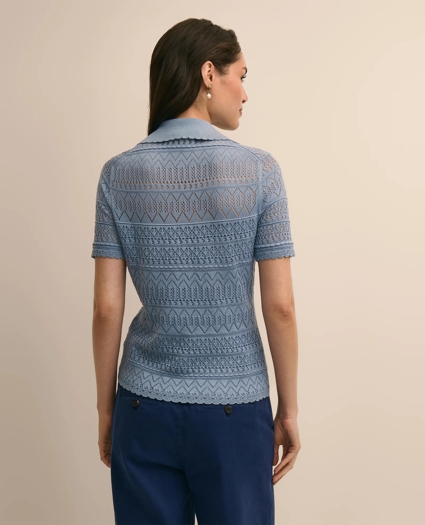 Silk-Cotton Short-Sleeve Johnny Collar Pointelle Sweater, image 4