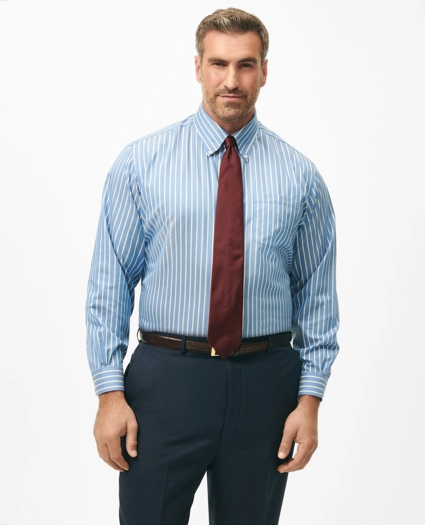 Big & Tall Stretch Supima® Cotton Non-Iron Twill Polo Button Down Collar, Ground Stripe Dress Shirt, image 1