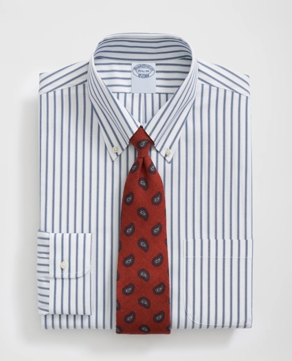 Big & Tall Stretch Supima® Cotton Non-Iron Pinpoint Oxford Polo Button Down Collar, Ticking Stripe Dress Shirt, image 3