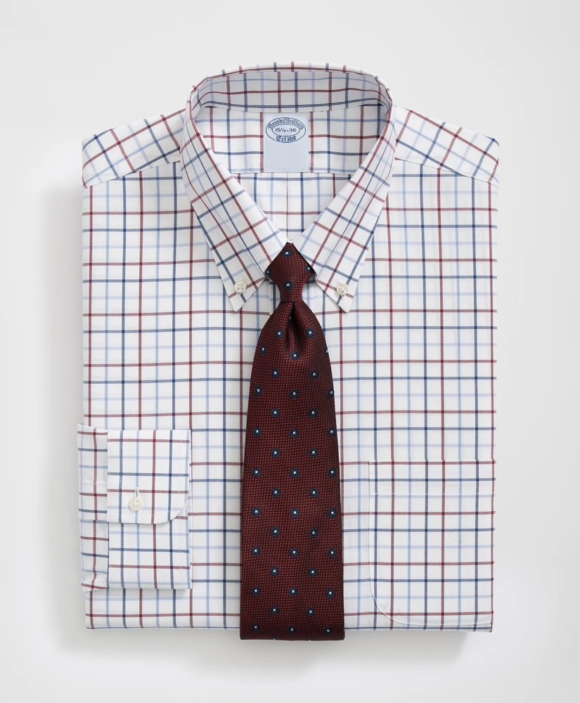 Big & Tall Stretch Supima® Cotton Non-Iron Pinpoint Oxford Polo Button Down Collar, Multi Windowpane Dress Shirt, image 3