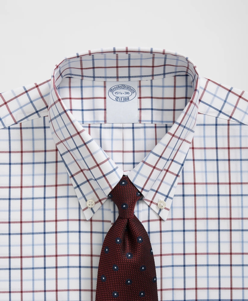 Big & Tall Stretch Supima® Cotton Non-Iron Pinpoint Oxford Polo Button Down Collar, Multi Windowpane Dress Shirt, image 4