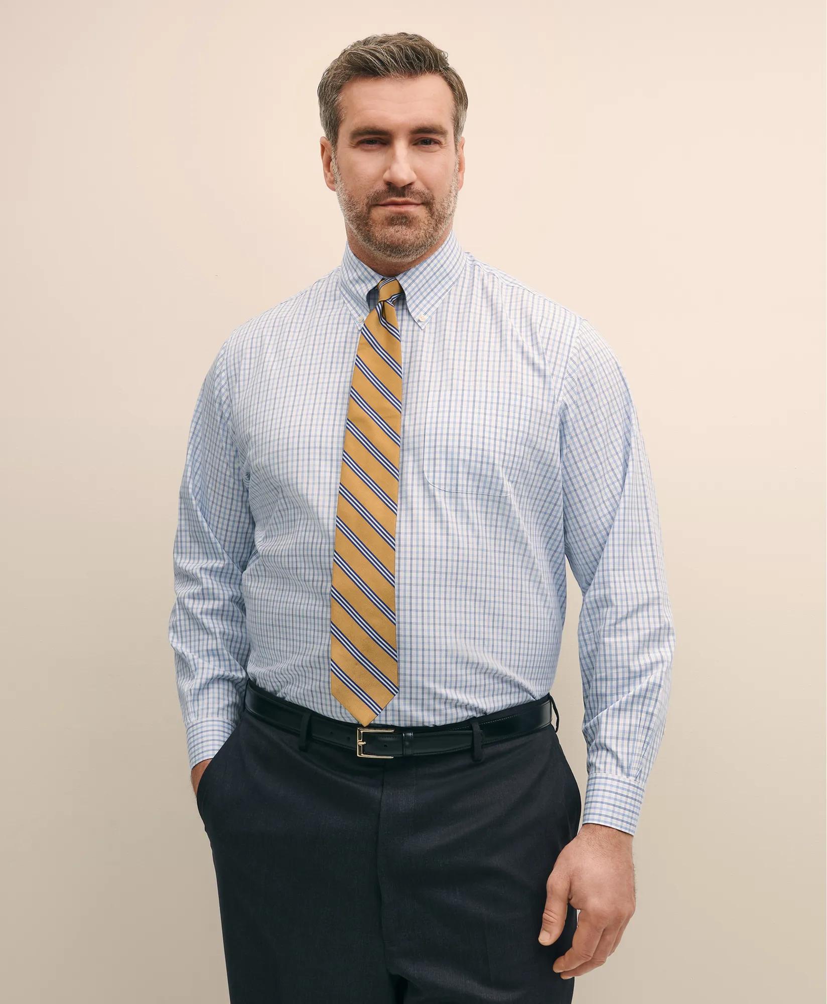Big & Tall Stretch Cotton Non-Iron Pinpoint Polo Button Down Collar, Tattersall Dress Shirt