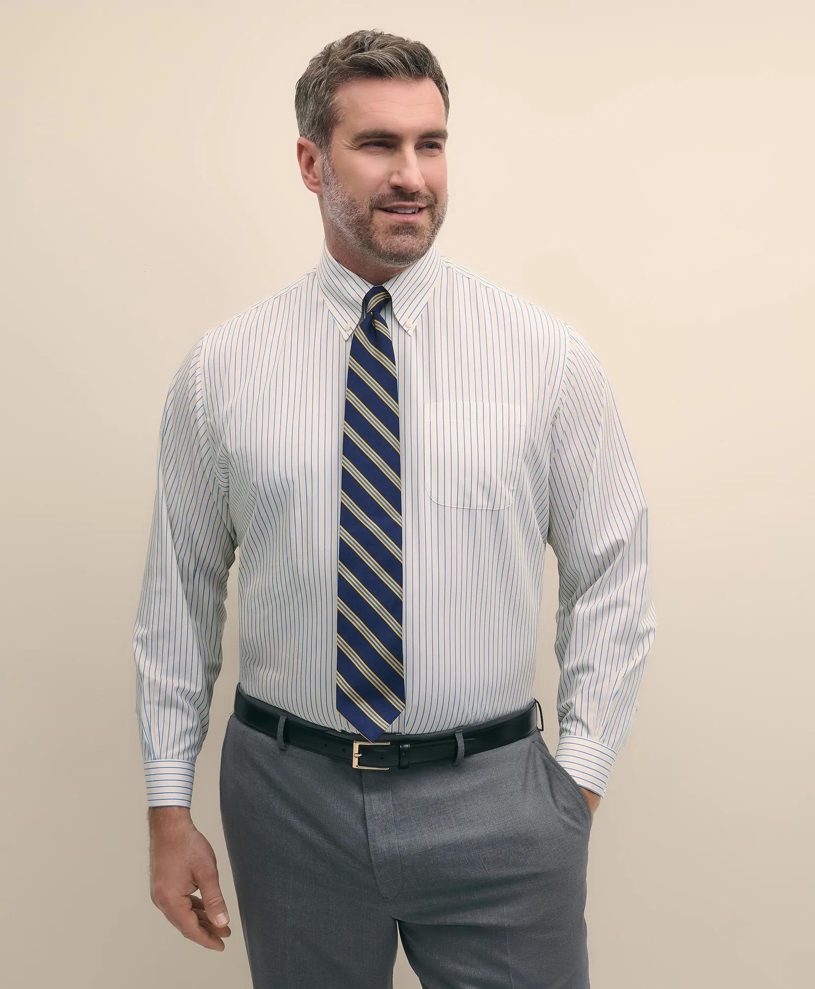 Big & Tall Stretch Cotton Non-Iron Pinpoint Polo Button Down Collar, Track Stripe Dress Shirt