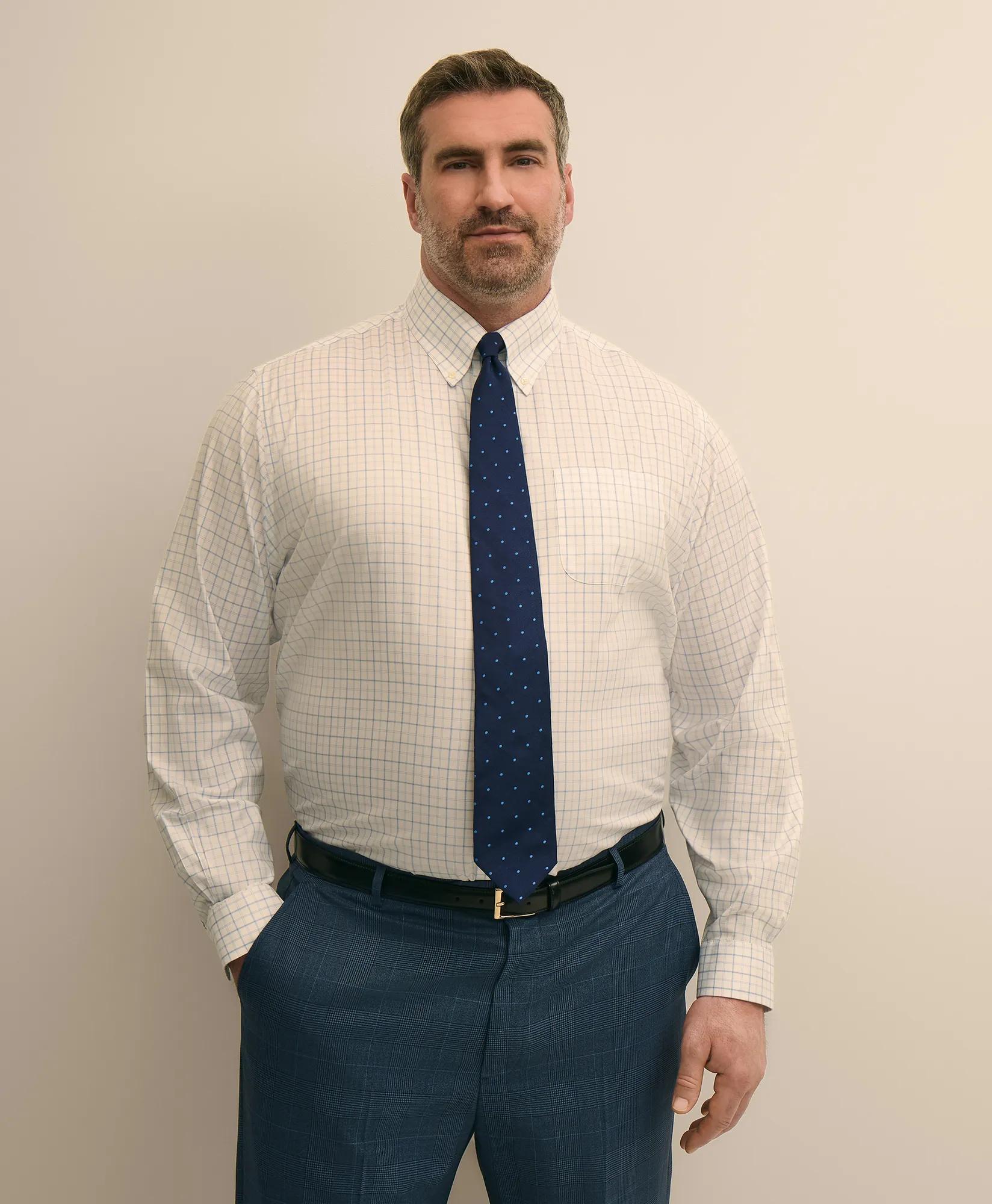 Big & Tall Stretch Cotton Non-Iron Pinpoint Oxford Polo Button Down, Windowpane Dress Shirt, image 1