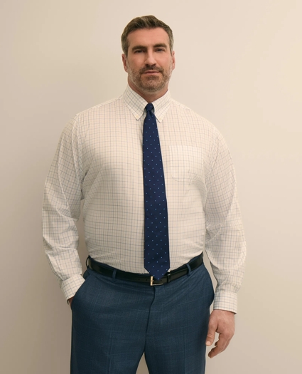 Big & Tall Stretch Cotton Non-Iron Pinpoint Oxford Polo Button Down, Windowpane Dress Shirt, image 1