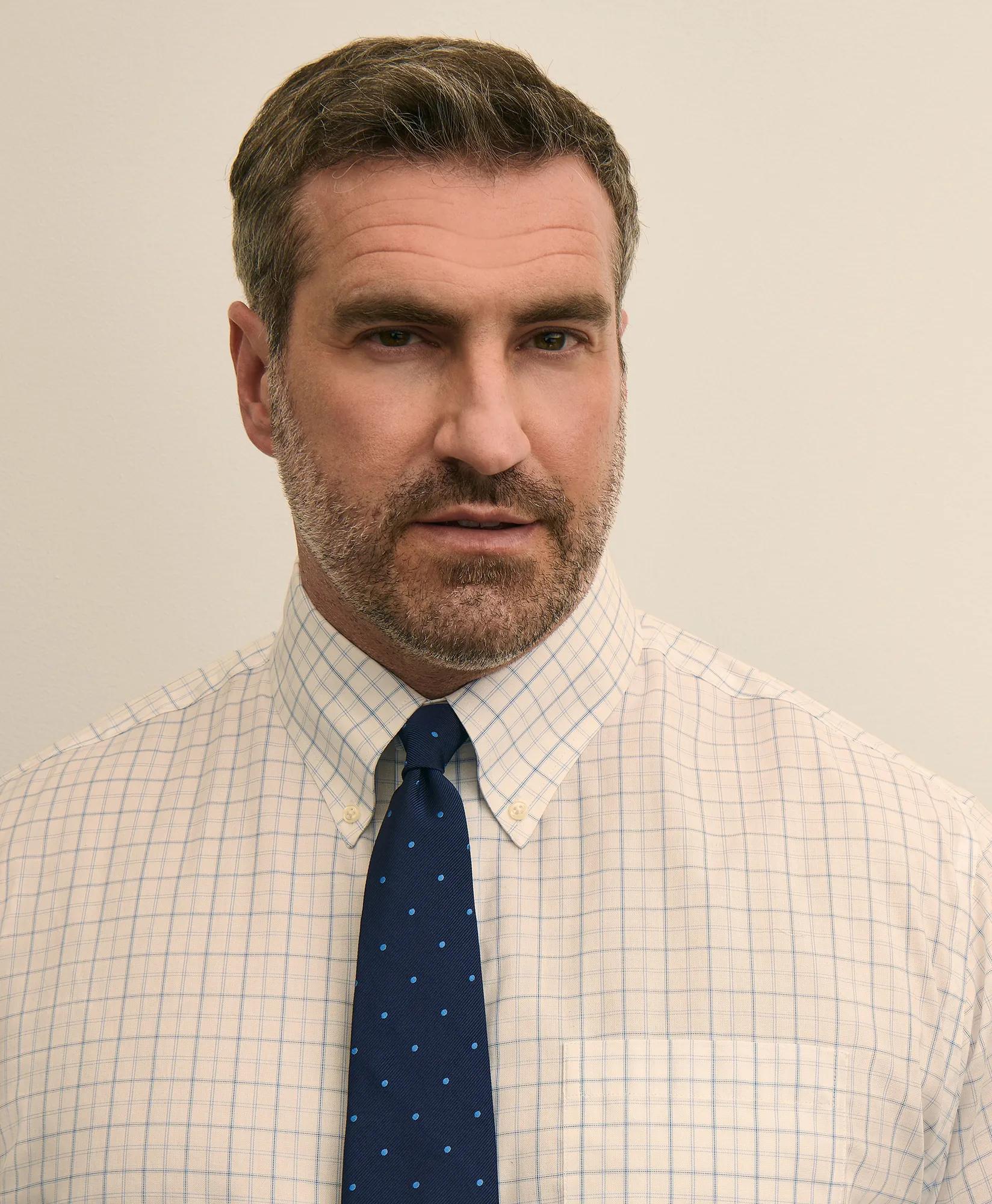 Big & Tall Stretch Cotton Non-Iron Pinpoint Oxford Polo Button Down, Windowpane Dress Shirt, image 2