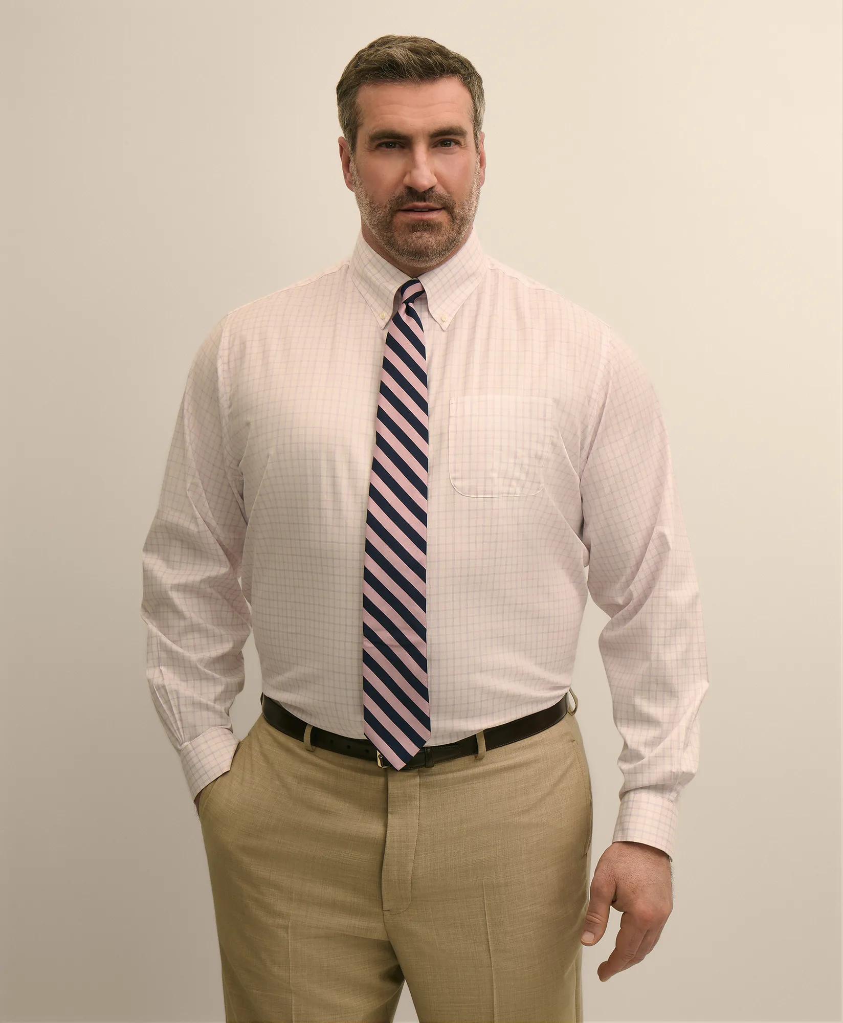 Big & Tall Stretch Cotton Non-Iron Pinpoint Oxford Polo Button Down, Windowpane Dress Shirt, image 1