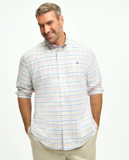 Big & Tall Stretch Cotton Non-Iron Oxford Polo Button Down Collar, Multi Windowpane Shirt, image 1