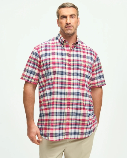Big & Tall Washed Cotton Madras Short Sleeve Button-Down Collar Sport Shirt, image 1