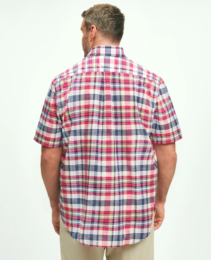 Big & Tall Washed Cotton Madras Short Sleeve Button-Down Collar Sport Shirt, image 2
