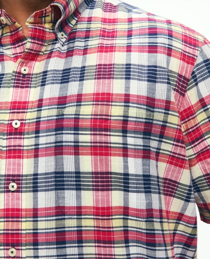 Big & Tall Washed Cotton Madras Short Sleeve Button-Down Collar Sport Shirt, image 3