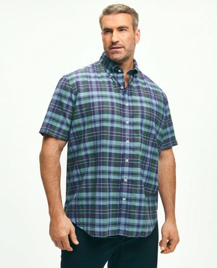Big & Tall Washed Cotton Madras Short Sleeve Button-Down Collar Sport Shirt, image 1