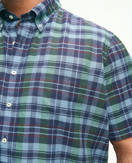 Big & Tall Washed Cotton Madras Short Sleeve Button-Down Collar Sport Shirt, image 2