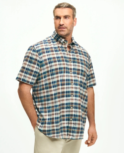 Big & Tall Washed Cotton Madras Short Sleeve Button-Down Collar Sport Shirt, image 1