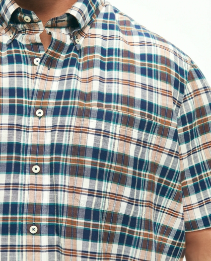 Big & Tall Washed Cotton Madras Short Sleeve Button-Down Collar Sport Shirt, image 2