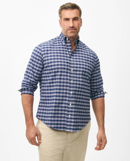 Big & Tall Stretch Cotton Non-Iron Oxford Polo Button Down Collar Checked Shirt, image 1
