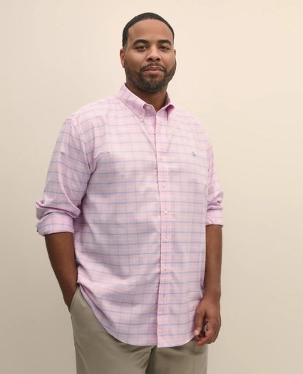 Big & Tall Stretch Cotton Non-Iron Oxford Polo Button Down Collar, Windowpane Shirt, image 1